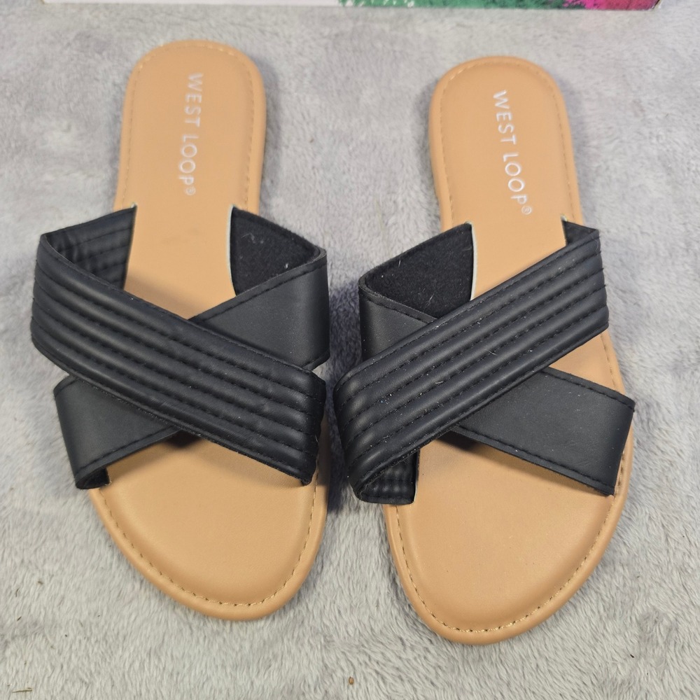 West Loop Womens Black Crisscross Slide Sandals Flat Slip On Size Small 5/6